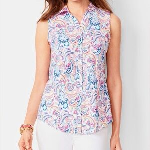 Talbots pink and blue Paisley sleeveless no iron perfect collar shirt